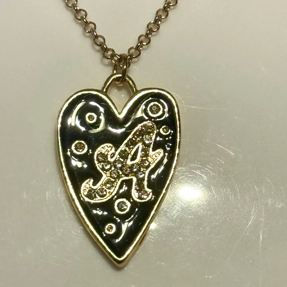 Gold Tone Initial “A” Black Heart Rhinestone Pendant Necklace - Picture 1 of 4